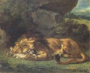 Eugene Delacroix Lion Devouring a Rabbit (mk05) oil on canvas